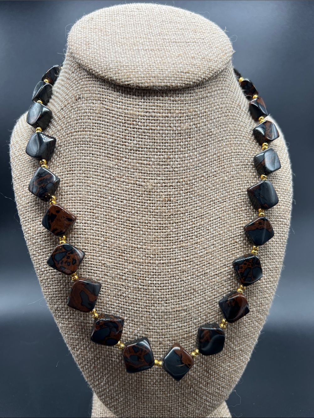 Artisan Glass Bead Necklace Brown Black Smoky Gray Nugget Beads Gold Accents 20”
